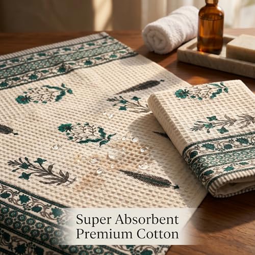 Image of Mafatlal Madhuban Waffle Cotton Towel Set (1 Bath 147x76 cm + 2 Hand 76x38 cm) | 250 GSM | Super Absorbent, Quick Dry Floral Design | Antique White