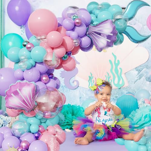 Image of Mermaid Balloon Garland Arch Kit,Under The Sea Ocean Party Decorations | Pastel Pink Purple Teal Blue Clear Balloons with Tail Seashell Foil Balloons for Summer Little Mermaid Birthday Party Decor