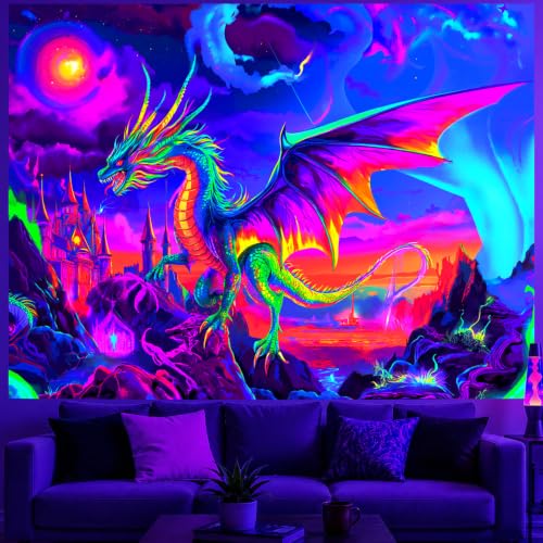 Image of BlissYard Blacklight Tapestry 78x59 Inch Neon Dragon Castle Wall Hanging UV Reactive Glow in the Dark Fantasy Trippy Fire Dragon Tapestry for Bedroom Dorm Gamer Room Psychedelic Wall Art Decor