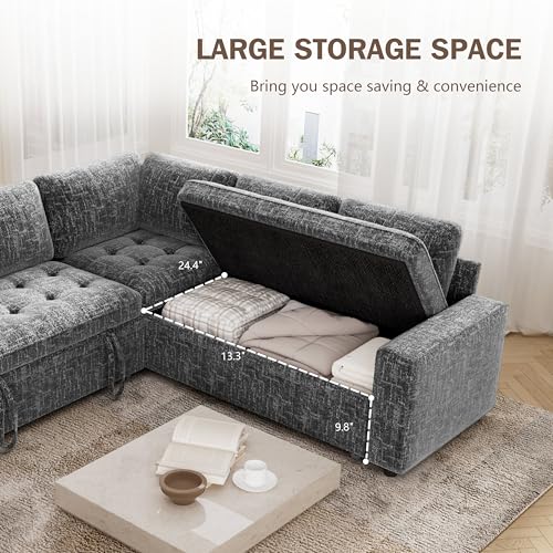 Image of Vipbear Chenille 80 Inch Modular Sectional Sofa with Pull Out Bed, L Shaped 5 Seat Sectional Sofa with USB Ports /Reclining Backrest /Storage Seats, Tool-Free Assembly, Couches for Living Room Dark Grey