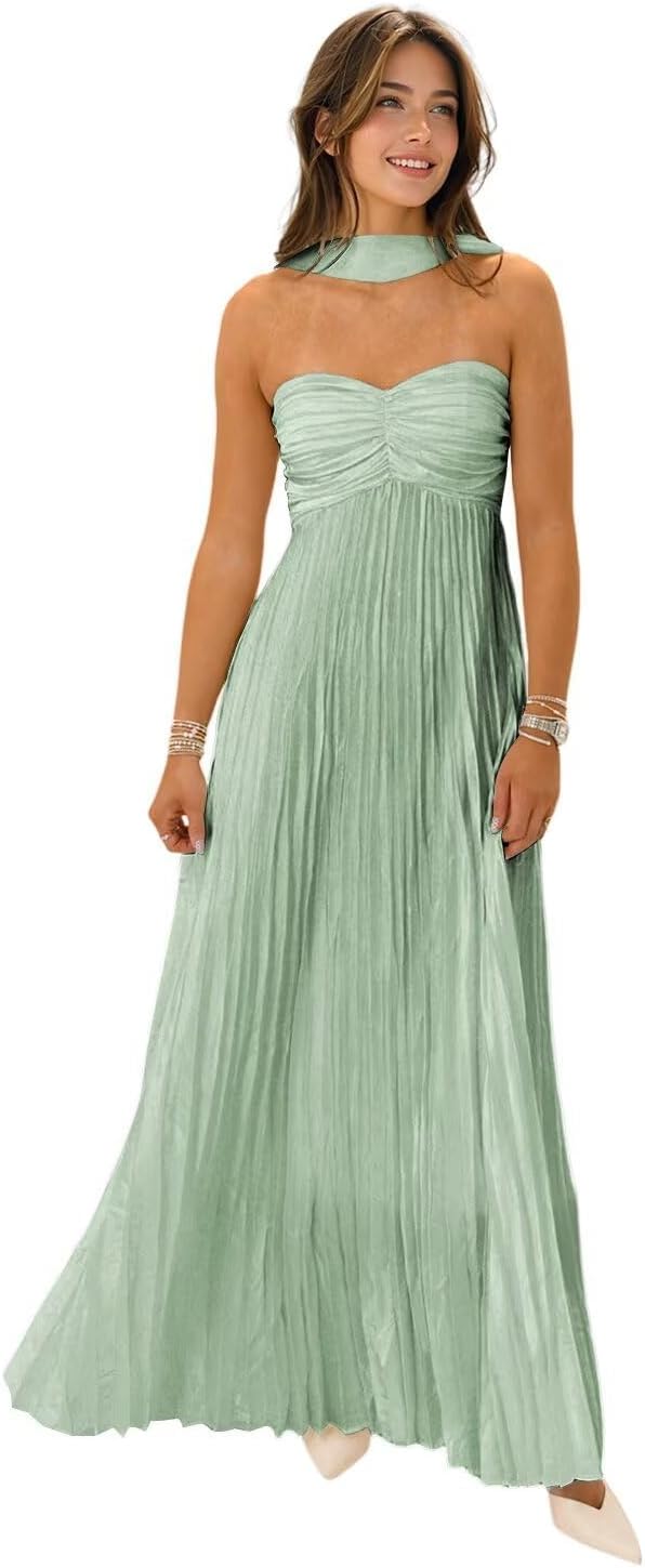 Strapless Bridesmaid Dresses for Women with Scarf 2025 Pleated Long Chiffon Formal Wedding Guest Dress Flowy Evening Gown
