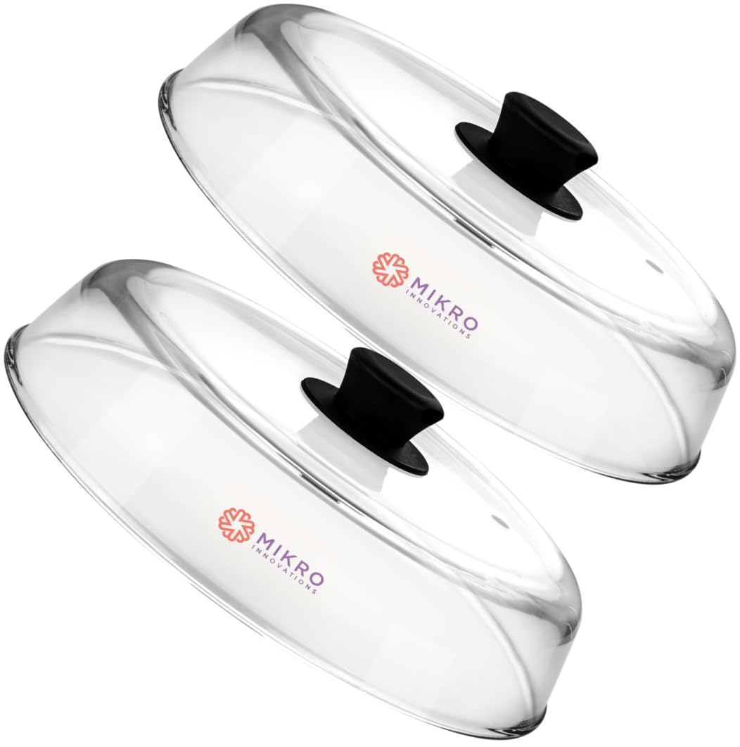 2 Pack Glass Microwave splatter covers for food plate - Sturdy Borosilicate glass splatter guard with vent hole - 100% Food Safe BPA free Easy Grip Silicone Knob and Dishwasher safe