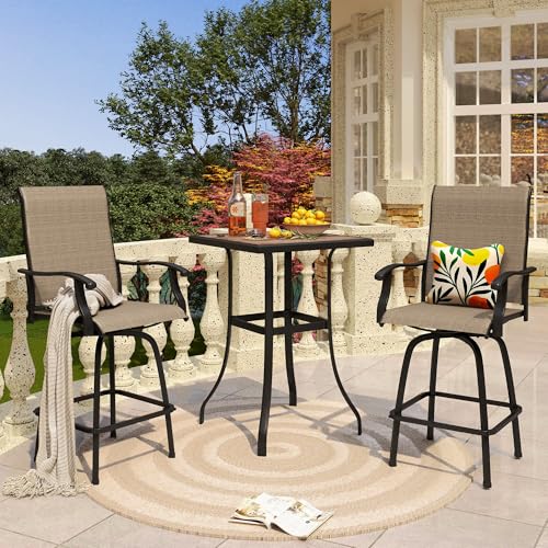 Image of PHI VILLA 3 PCS Patio Swivel Bar Sets Textilene High Bistro Sets with 2 Outdoor Bar Stools and 1 Square Bar Table, Brown