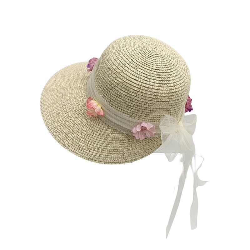 Sombrero de Verano para Mujer,con Protección UV,ala Ancha de Paja y Lazo de Tul Floral,Transpirable,para Playa,para Exteriores,Vacaciones y Viajes