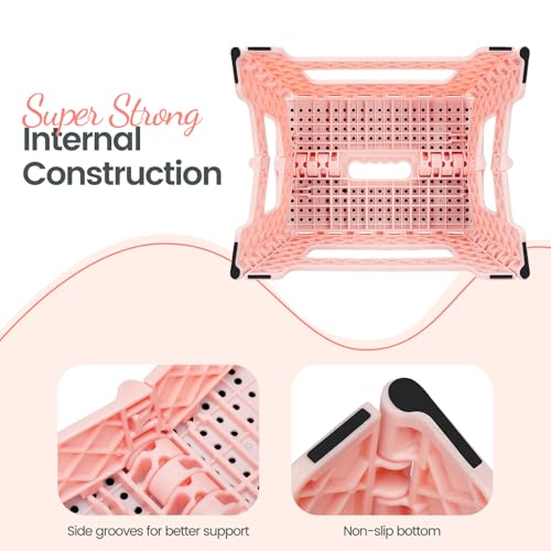 Image of Delxo Folding Step Stool 9 Inch,Non-Slip Foldable Stools for Kids & Adults Up to 300 LBS,Kitchen Collapsible Fold Up Stepping Stool with Dotted 1 Pack,Pink