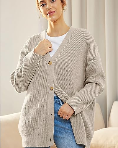 Image of ebossy Women's Open Front Knit Cardigan Casual Long Sleeve Oversized Button Lightweight Sweater Outwear (M, Taupe)