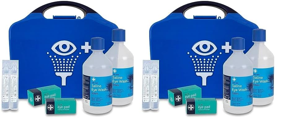 Reliance Medical First Aid Eye Wash Kit - 2 x 500ml Reliwash Eyewash Bottles with Mirror - 2 x 20ml Saline Sterile Solution Pods Drops for Eyes and Eye Pads (Pack of 2)