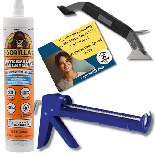 Image of HANDY DANDY Caulking Kit Bundle with Gorilla White Silicone Caulk(10oz), Drip-Free 10:1 Caulk Gun & 3-in-1 Tool - Waterproof Sealant for Bathroom, Kitchen, Window, Exterior - DIY Guide