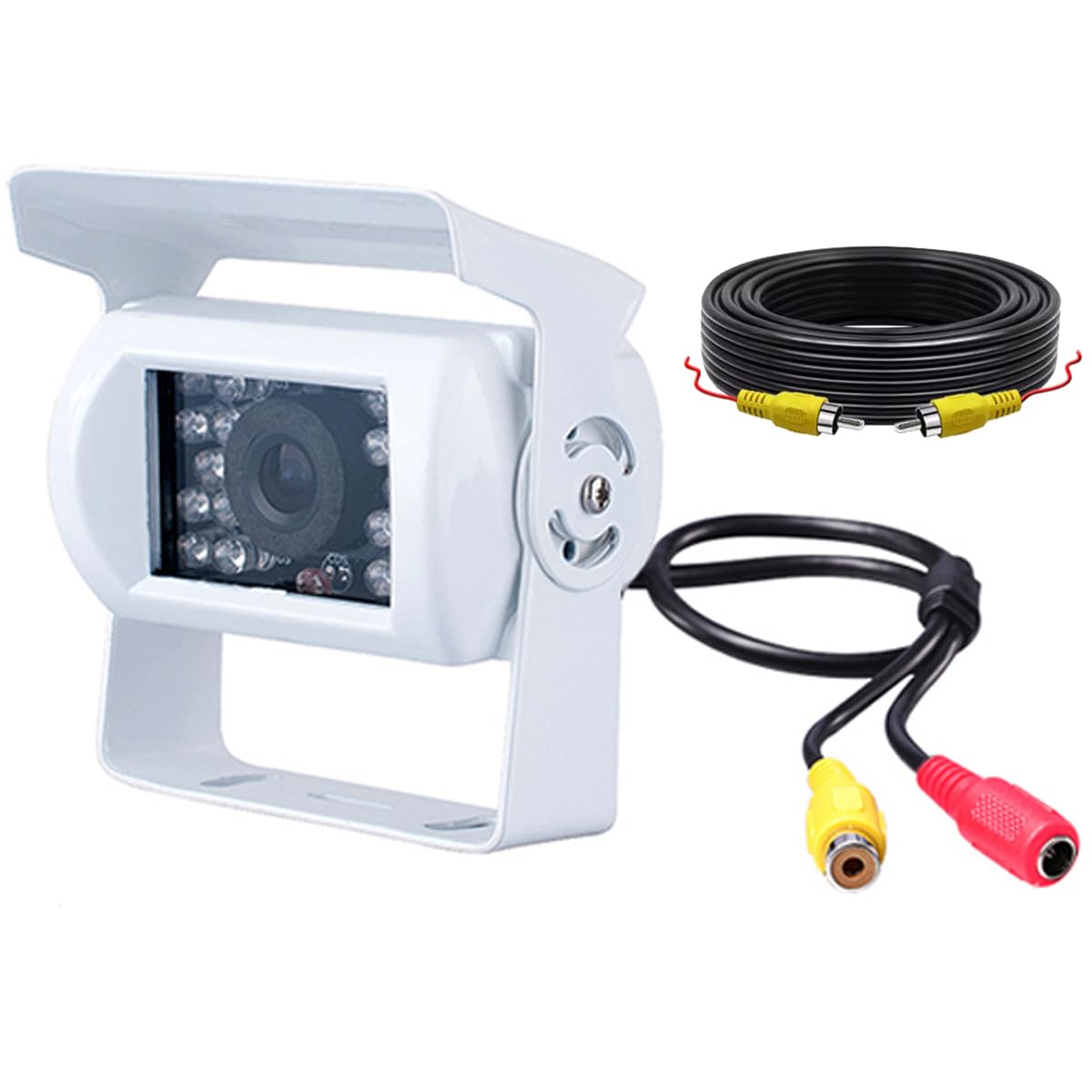 Cámara de Marcha Atrás HD Blanca para Furgonetas, Coches y Camiones, 18 Leds IR Visión Nocturna, Impermeable, con Cable AV 15M, 12V-24V, Sistema de Visión Trasera para Autobuses y Caravanas