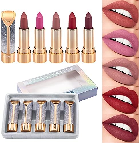 ONLYOILY Set di Rossetti Opachi a 5 Colori, Rossetto Matte 24h Lunga Durata Impermeabili atazza antiaderente cruelty free, vegani,Lipstick in Nudo,set di rossetti Opaco
