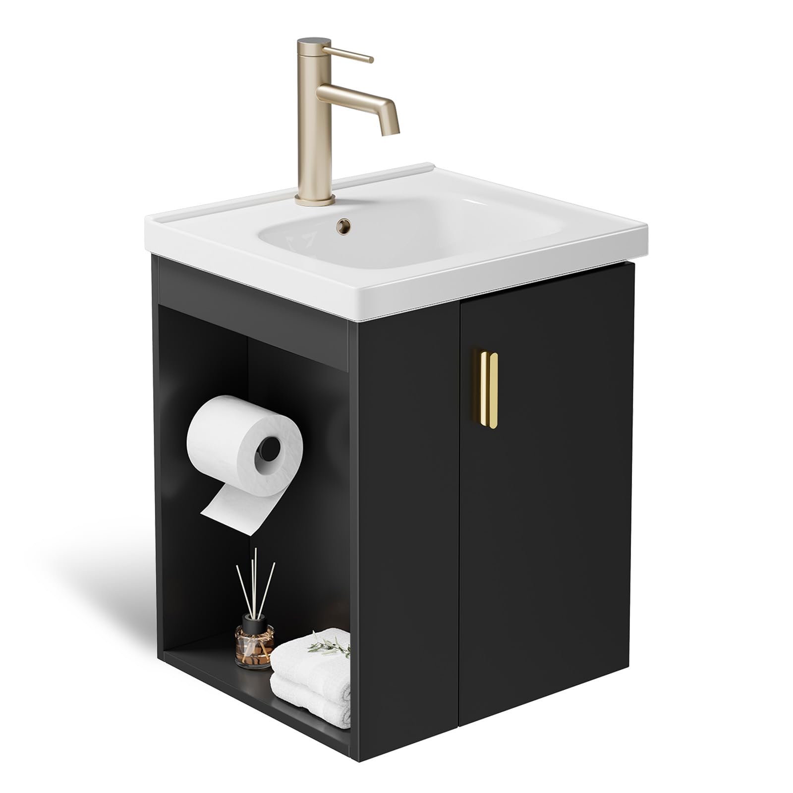 (no sink)phiestina 16 Inch Black Floating Wall-Mounted Bathroom Vanity for Small Space, Pre-Assembled Cabinet with Ceramic Sink, Soft-Close Door, Left Side Storage, No Faucet, BV04-16-PUREBLACK-PLUS