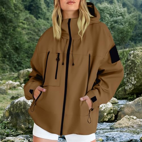 Generisch Winterjacke Damen Warm Wasserdicht,Outdoor Jacken Für Damen Leichte Einfarbig Mit Kapuze Strickjacke Reißverschluss Regenmantel Mit Taschen Große Größen Freizeitjacke (Coffee-a, M)