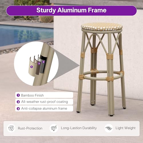Image of PURPLE LEAF Outdoor Round Bar Height Stool Set of 2 Patio Backless Barstools Aluminum Frame in Champagne Finish with Amber & White Woven Rattan for Indoor Kitchen Dining Bistros Cafe Restaurant