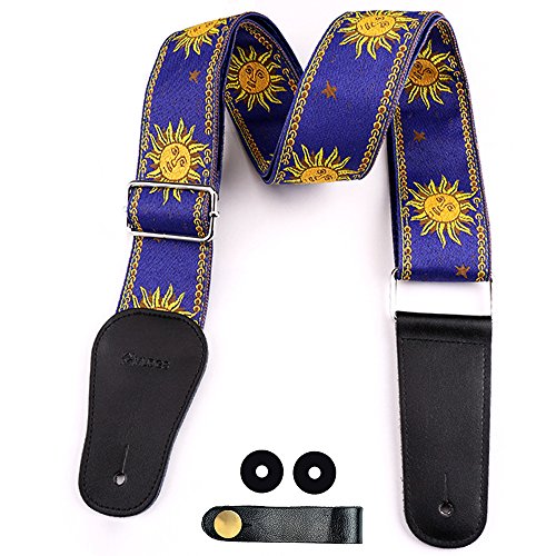 Jacquard Woven Guitar Strap with Genuine Leather Ends for Acoustic Guitar, Electric Guitar and Bass, Includes 2 Safety Locks, 1 Leather-made Guitar Strap Button, Best Gift for Guitar Players (Blue)