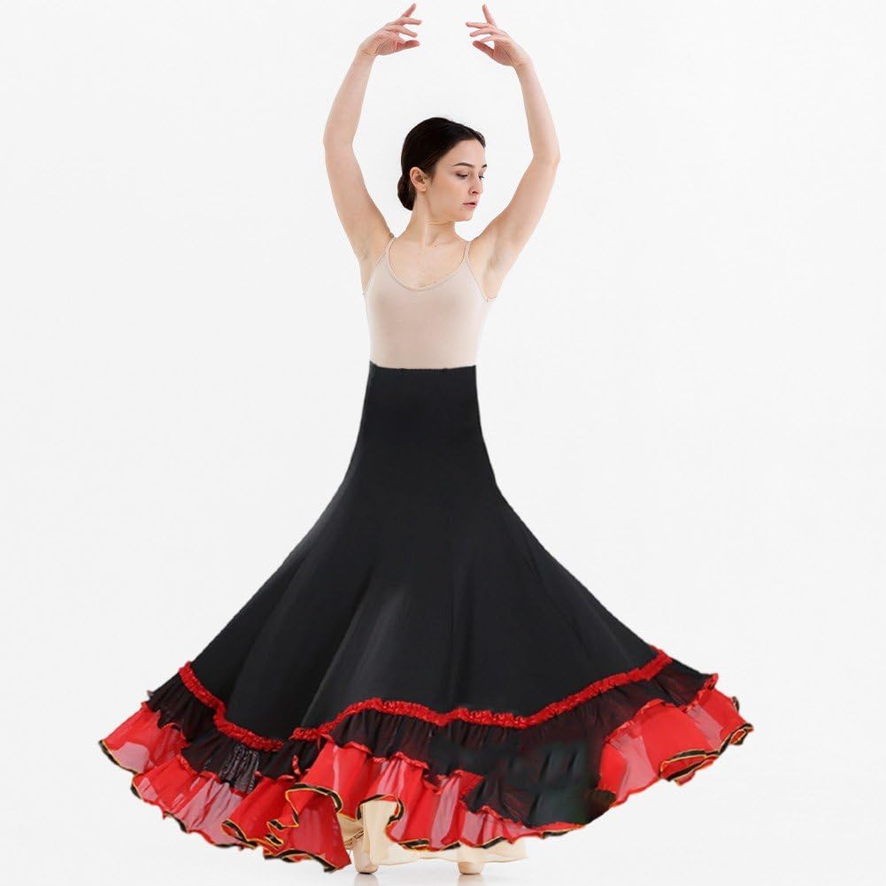 Falda Flamenca Clásica Española con Vuelo Grande, Faldas Españolas con Volantes, Falda De Actuación, Falda De Práctica De Salón, Falda De Danza del Vientre para Mujer