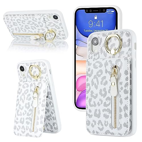 DEYHU for iPhone XR Phone case Wallet for Women, for iPhone XR Phone case with Card Holder with Credit Card with Ring Kickstand Zipper Shockproof Slim Stand Case - White Leopard