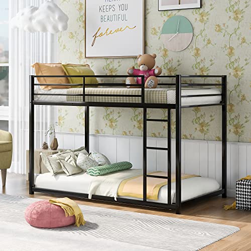 CNANXU Bunk Beds Twin Over Twin, Metal Low Bunk Bed with Guard Rails ,Ladder for Young Boys Girls Dormitory Bedroom, No Box Spring Needed (Twin)