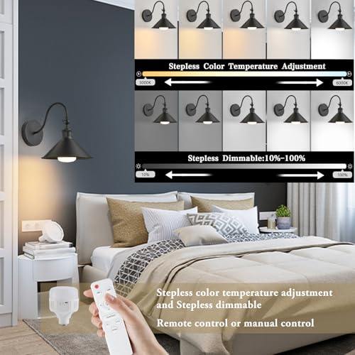 Image of Wireless Battery Operated Wall Sconce, Black Industrial Wall Lights Decor Set of 2, Vintage Rechargeable Magnetic Cordless Wall Lamp Fixture with Remote for Farmhouse Bedroom Living Room