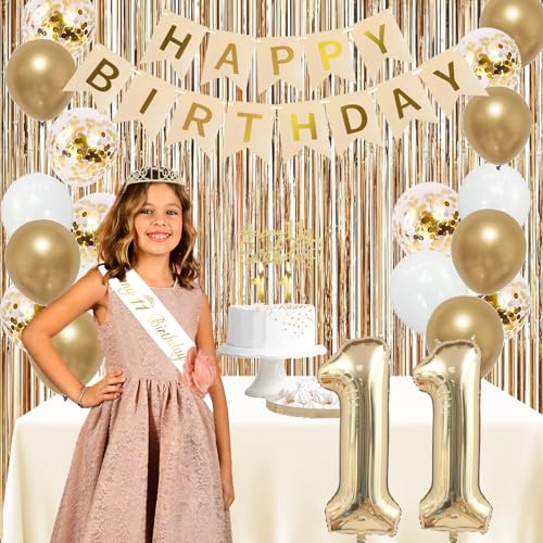 Image of Trgowaul 11th Birthday Decorations for Girls, Banner, Sash and Crown, Cake Topper, 11 Number Balloon, Fringe Curtains, Champagne Gold 11th Birthday Party Supplies