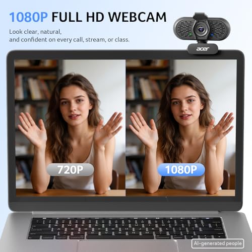 Image of Acer 1080p Webcam USB Plug and Play Webcam for PC with Noise Cancellation Microphones Computer Camera for Desktop Streaming Gaming Online Meeting Wide Angle Privacy Cover A-to-C Adapter Easy Setup