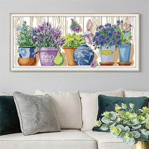 Image of JOYSEWING Pot Plants Stamped Cross Stitch Kits 11CT Counted Cross Stitch Embroidery for Beginners Easy DIY Craft kit Home Decor- (The pottings on the windowsill (11CT) 28.35 x13.78 inches)
