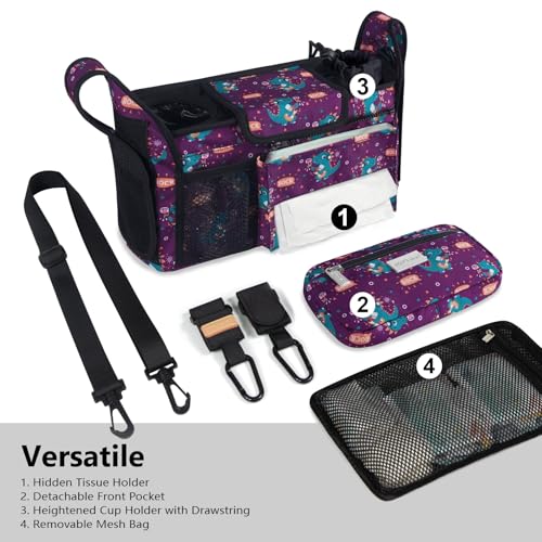 Image of TOPDesign Universal Baby Stroller Organizer, Stroller Caddy with Detachable Mesh Bag & Heightened Insulated Cup Holders & Non-Slip Secure Hooks Accessories, Fits Most Strollers (Music Crocodiles)