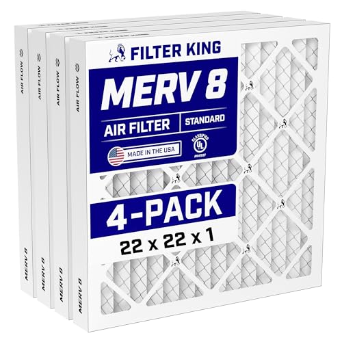 Filter King 22x22x1 Air Filter (MERV 8) (4-Pack) Dust & Allergy Control AC Furnace Filters, MADE IN USA, HVAC, Pleated, Electrostatic (Actual Size: 21.5 x 21.5 x .75)