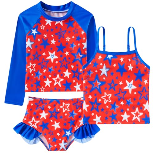 Image of Funnycokid Girls Swimsuit 3 Pieces Long Sleeve Rash Guard Set Tankini Bathing Suits Summer Kids Swimwear 3-10 Years
