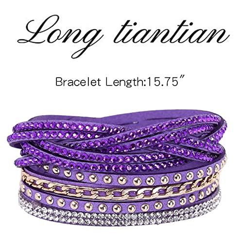 Long Tiantian Leather Wrap Bracelet For Women Crystal Multilayer Leather Bracelets Boho Rhinestone Leather Cuff Bracelet With Snap Buttons For Mother Wife Gifts（Purple） #TOP6