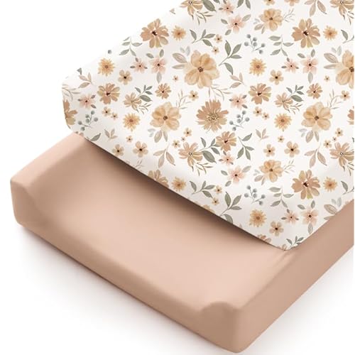 Konssy 2 Pack Stretchy Changing Pad Covers for Girl, Boy, Silky Soft Changing Table Cover, Breathable Baby Nursery Diaper Chang Pad Sheets (Toffee, Flourish)