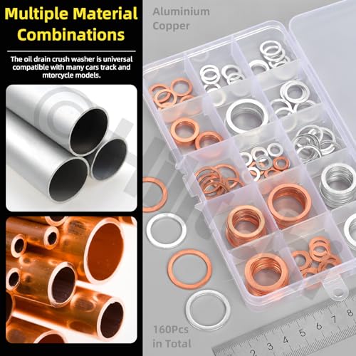 Image of Hilitchi 160Pcs 16 Sizes Oil Drain Plug Gasket Assortment, M6 M8 M10 M12 M14 M16 M18 M20 Oil Crush Washers Sealing Washers Aluminum Copper Flat Washers for Most Automotive