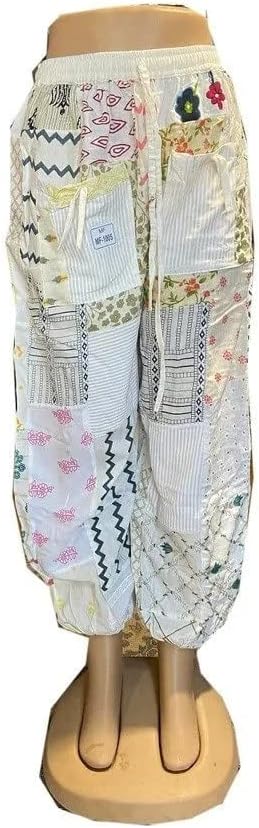 RAJBHOOMI HANDICRAFTS Women's Patchwork Boho Pants - Loose Yoga Harem Joggers, Casual Bohemian Palazzo, Comfy Lounge Wear, Trendy Hippie Style, Must-Have for Relaxed Fashion (White)