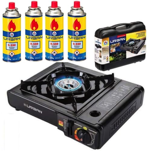 Dacada2005 Hornillo de Gas Portátil B-250 con Maletín y 4 Cartuchos de Gas Butano de Recambio para Camping, Cocina y Exterior