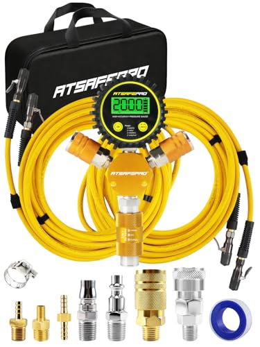 4 Tire Inflation Deflation System, Fits up to 200' Wheelbase, Rapid Air Up Down Kit w/Backlit Digital Pressure Gauge & Slide Valve, 300PSI Flexible Hose for Truck, Jeep, Off-Road, Trailers