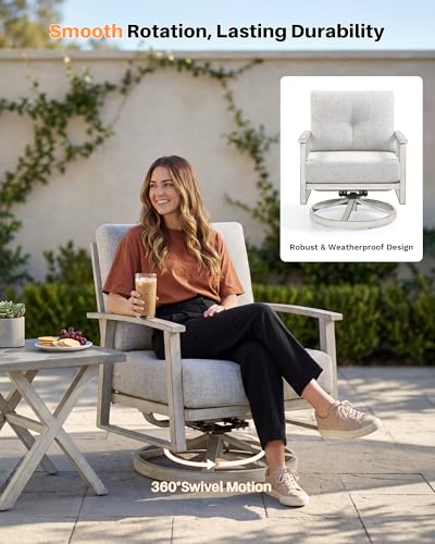 Image of Outdoor Swivel Sofa Chairs Set of 2, Never Rusts All-Aluminum Outdoor Swivel Armchairs Set with Thick Cushions, 2-Piece All Weather Patio Sofa Chairs for Garden, Poolside, Lawn, White Oak