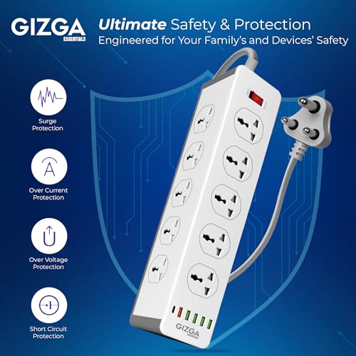 Image of Gizga Essentials Power Extension Board with 10 Universal Sockets, 5 USB & 1 Type C Port| Socket with 2M Cord, Surge Protector, Child Safety, Anti-Flaming Body, 10A Output, 250V Multi Plug Adapter