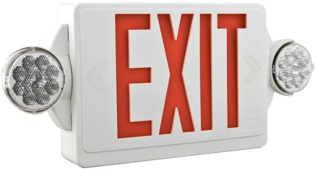 Lithonia Lighting Quantum LED Exit Sign/Emergency Light Combo, Exit Sign and Emergency Lights for Business, 2-Head Fixture, Red Letters, High Output Battery Backup, White (LHQM LED R HO M6)