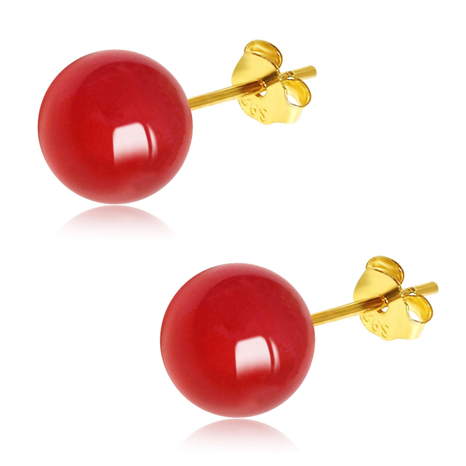 6mm Rote Achat Ohrstecker für Damen Mädchen, Hypoallergen 18k Vergoldet 925 Silber Runde Naturstein Kugeln Ohrringe, Natürliche Edelstein Perlen Ohrschmuck Geschenk zum Geburtstag Jahrestag