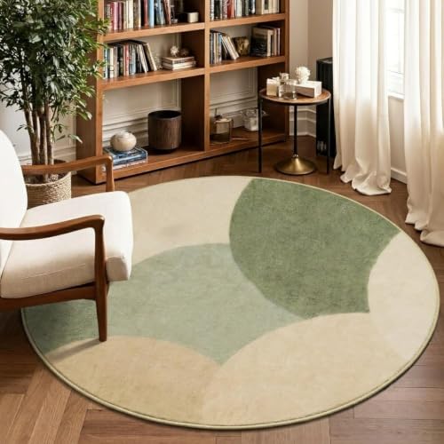 Zhaotingrui Runder Teppich 120cm Grün Beige Grau, Flauschig Kurzflor Halbkreis Design, Antirutsch Teppich Wohnzimmer Waschbar Kuschel Weich