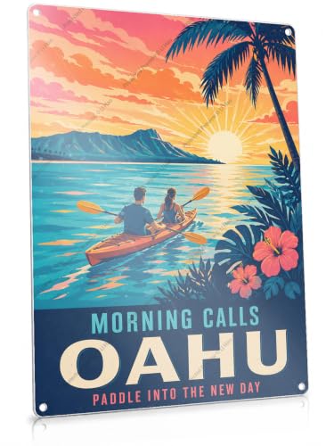 Morning Calls Oahu Travel Kayaking Sunrise Retro Vintage Tin Sign 8x12Inch