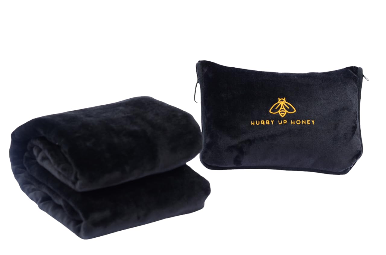 Hurry Up Honey Travel Blanket & Pillow- 2 in 1 Ultra Soft Airplane Blanket with Bag Pillowcase Travel Pillow Blanket Combo with Hand Luggage Sleeve & Backpack Clip- Portable Blanket for Travel (Black)
