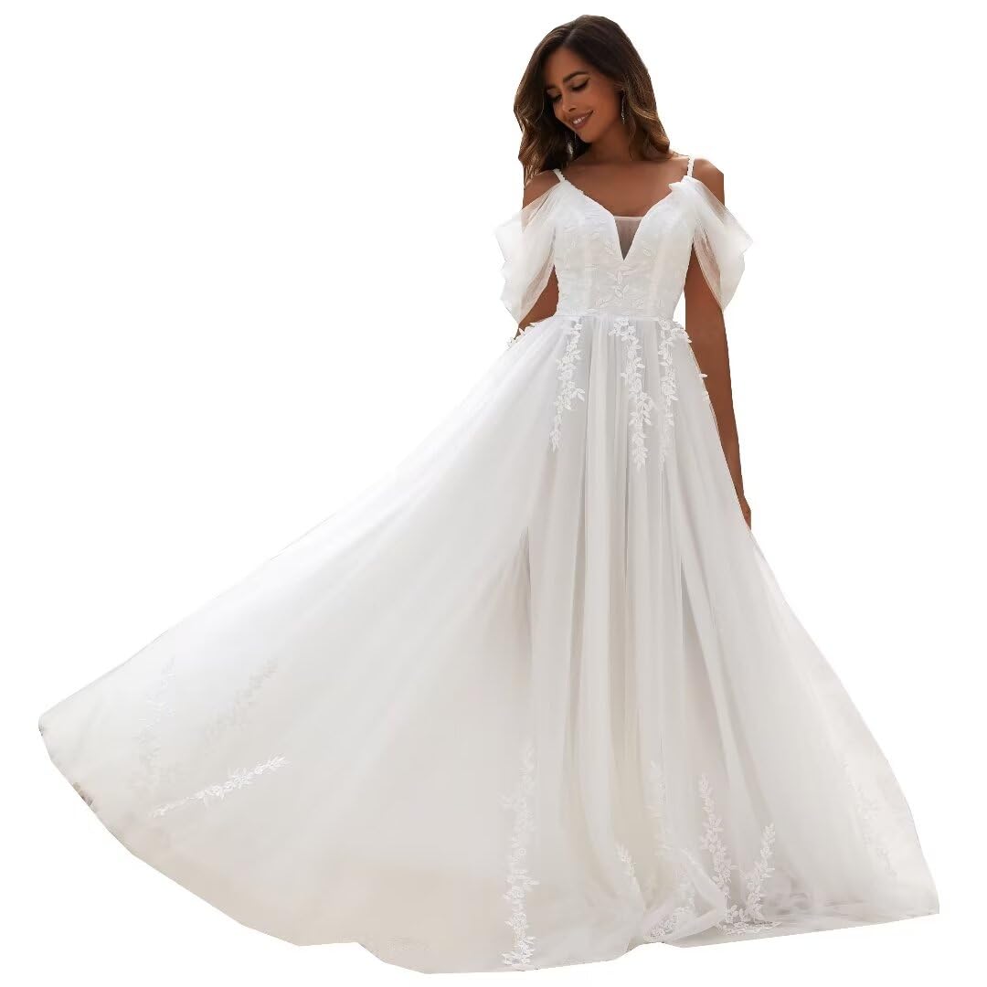 YMFFW Boho Wedding Dresses for Bride 2024 A Line Tulle Lace Wedding Gowns Plus Size Beach Bride Dresses