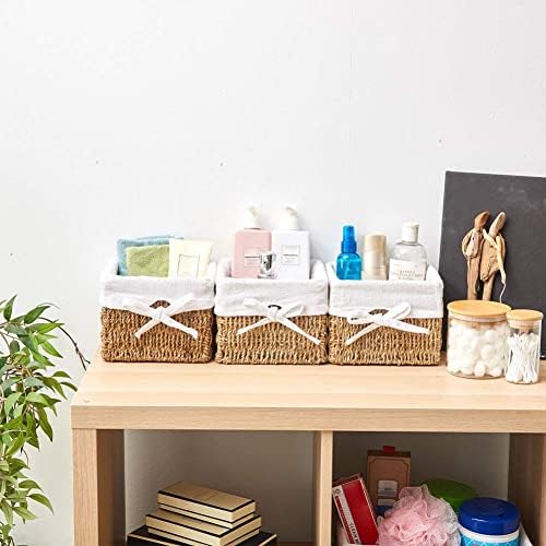 EZOWare Set of 4 Seagrass Wicker Woven Baskets, Square Natural Storage Cube Box Bins with Removable Liners - (18 x 18 x 14 cm, Brown )