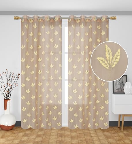 Image of IVAZA Polyester Semi-Transparent Leaf Embroidered Curtain ? Sheer Voile Panel with Eyelets ? Lightweight & Airy ? Ideal for Living Room, Bedroom, Balcony Long Door- 9 Feet (Pack of 2) Beige