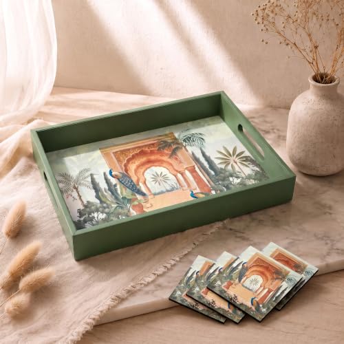 Birch & Co. Wooden Tray for Serving-Free 4 Coasters-10 Inch X 15 Inch-Serving Tray-Tray Set for Decoration-Tea Trays-Big Coffee Tray-Premium MDF Trey-Wooden Serving Trays-Resin Tray, Mayur