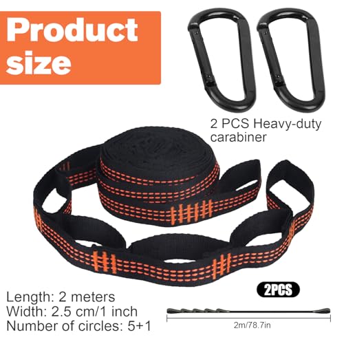 RNHDLY 2er Pack Hängematte Befestigung 2 m x 2,5 cm Hängematten Aufhängung Gurte mit 2 Schwerlast Karabiner, Schaukel Befestigung Seil für Hängematte mit 6 Schlaufen für Camping Outdoor Wandern