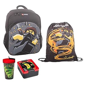 Familando Lego Ninjago rugzakset 4-delig met gymtas, broodtrommel en drinkfles bijv. voor de kleuterschool (zwarte Ninja…