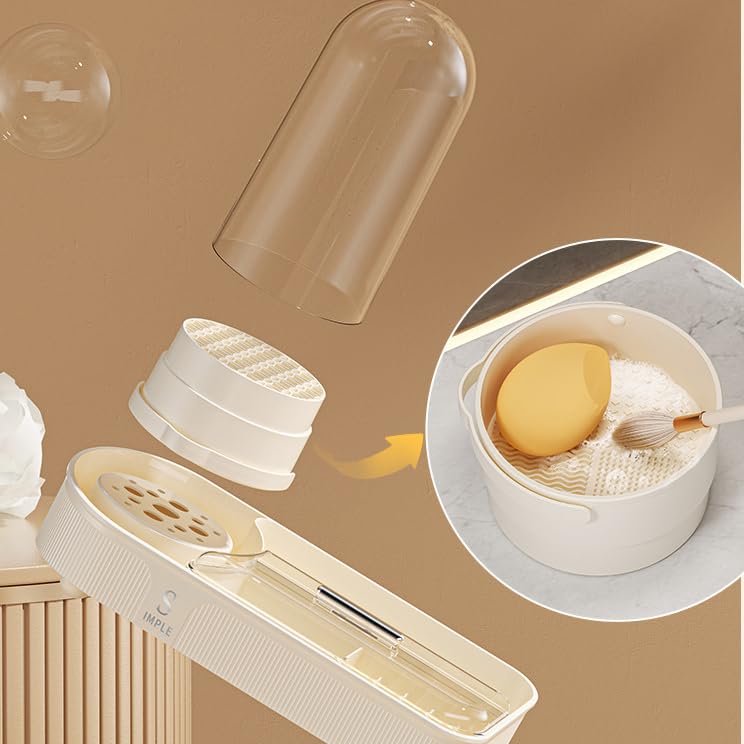 Rotating Makeup Organizer for Vanity Brush Holder with Detachable Brush Cleaner Cosmetic Storage with Lid Dustproof Countertop Skincare Perfume Lotions Display Case (White)