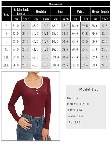 Wayleb Camiseta Manga Larga Mujer Elegante Tops Cuello Redondo Hilo Jersey Slim Fit Elástico Camisetas Casual Básico Túnica Top, Burdeos S