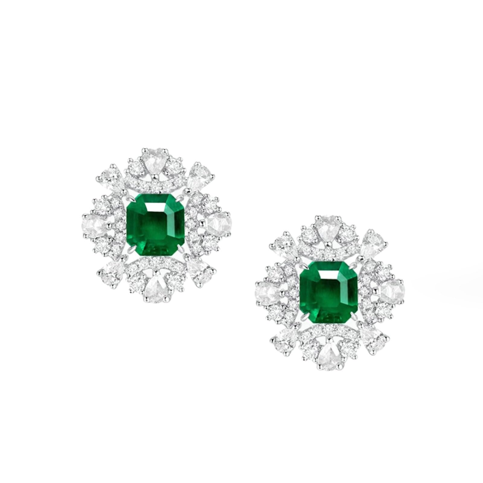 Pendientes de tuerca de oro blanco de 9K/14K/18K cultivados en laboratorio para mujer, aretes de copo de nieve con esmeralda creada de 1,21 quilates y moissanitas de oro real
